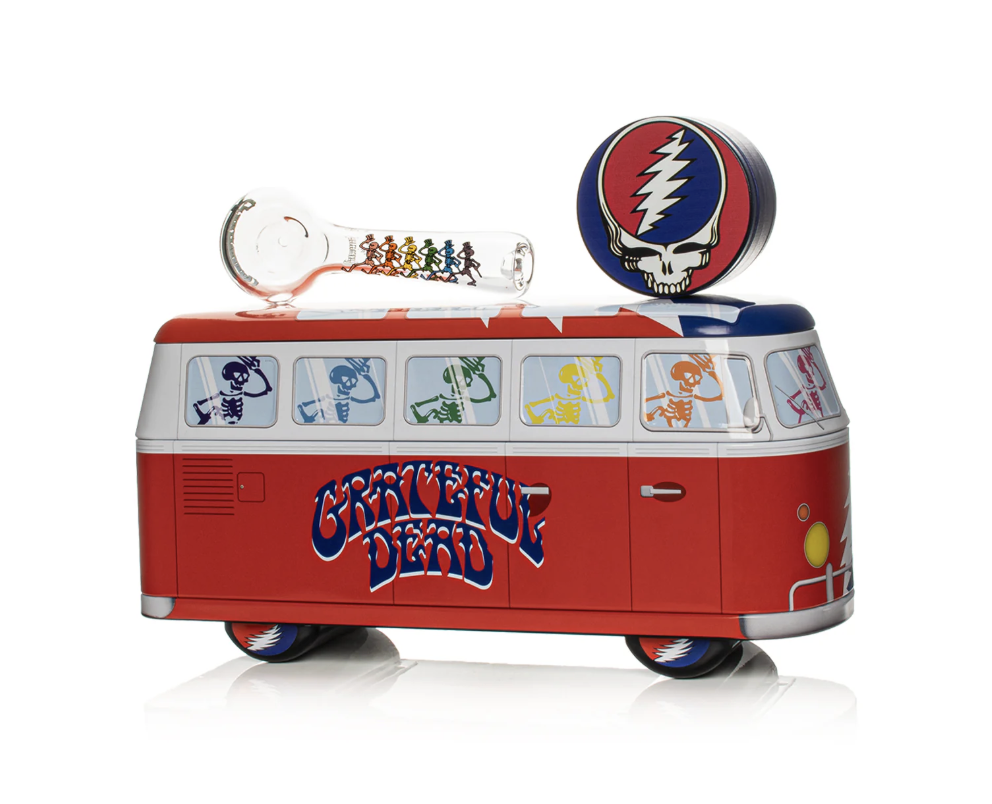 Grateful Dead 4.5" Dancing Skeleton Spoon Hand Pipe & Grinder w/ Collectible Bus Tin